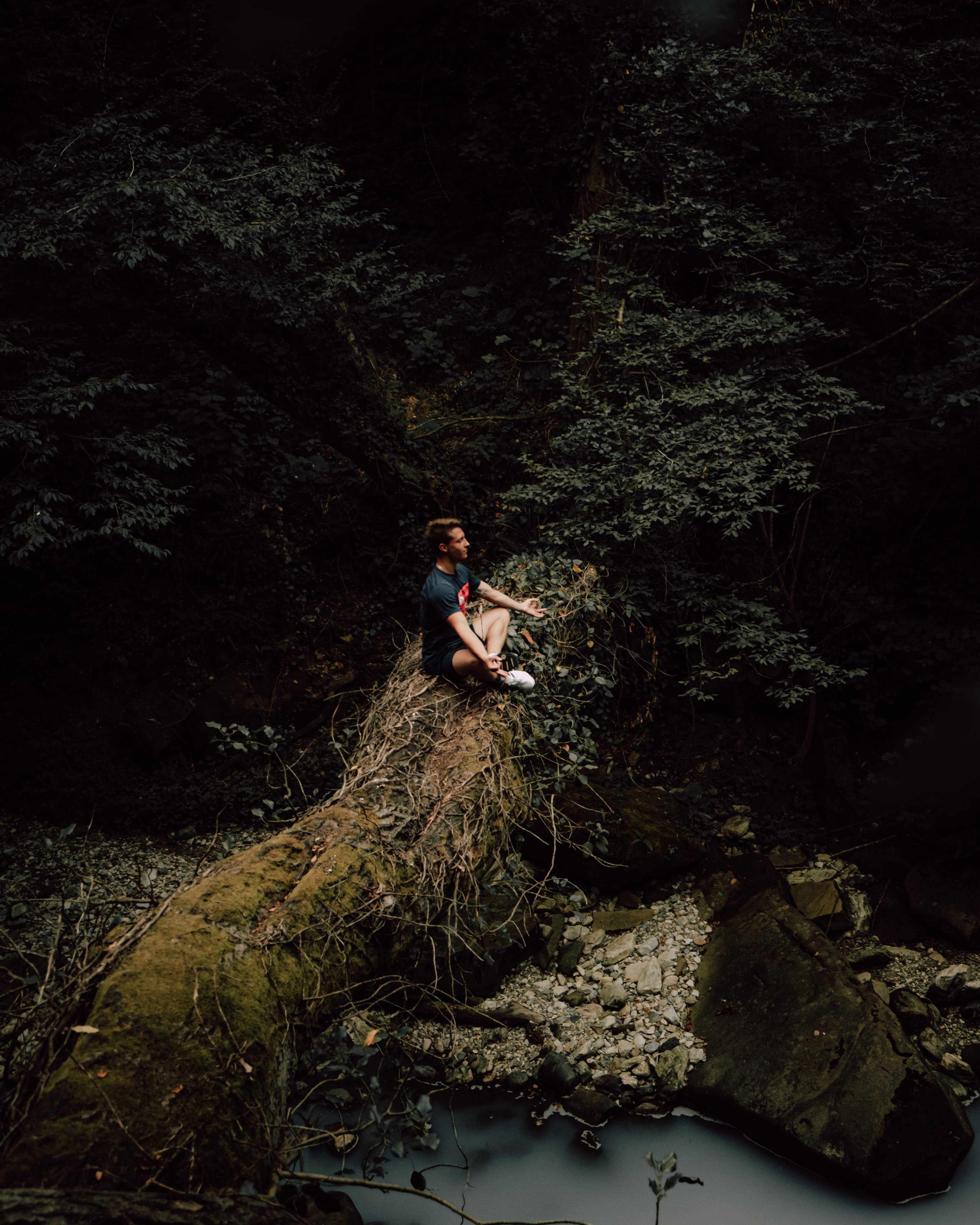 A person meditating in the depth of a forest
