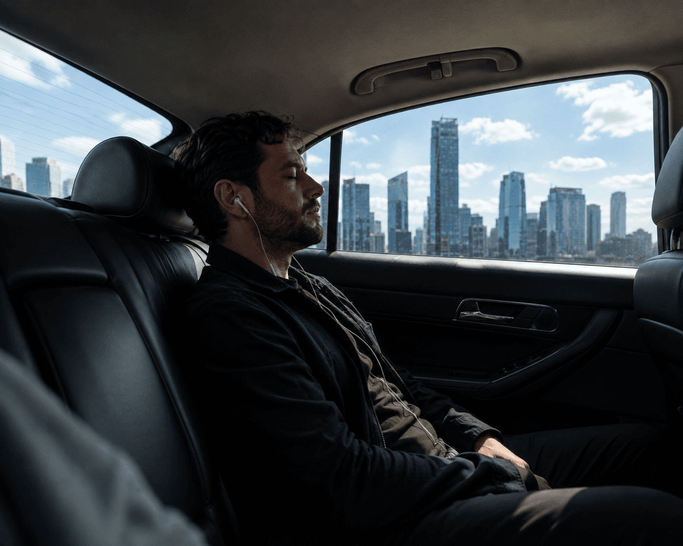 A commuter taking a quiet listening moment while travelling through the city